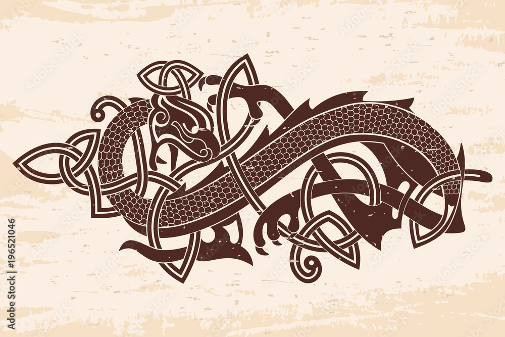 Obraz premium Celtic two-headed dragon with national ornament intertwined ribbon on a beige background with the aging effect.