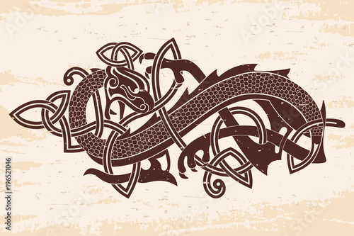 Celtic two-headed dragon with national ornament intertwined ribbon on a beige background with the aging effect.