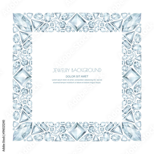 Vector square frame from realistic silver gems and jewels on white background. Shiny diamonds jewelry design elements.