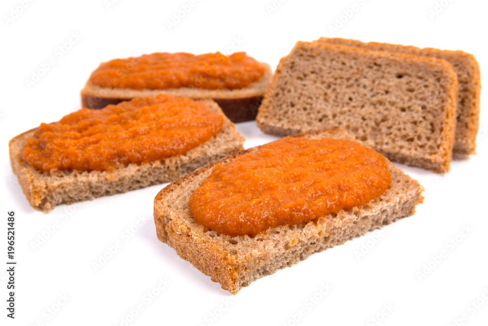 vegetable caviar from zucchini and pumpkin on a piece of bread vegetable caviar from zucchini and pumpkin on a piece of bread
