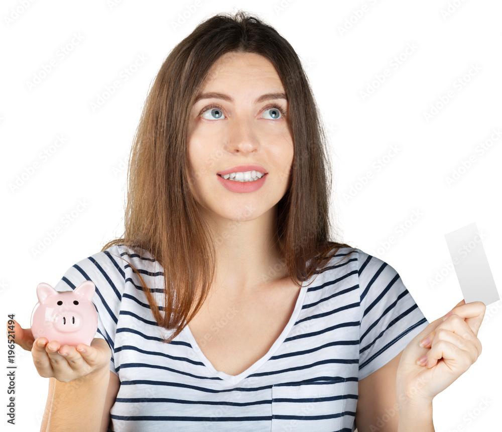 Woman with a piggy bank. Isolated over white background Woman with a piggy bank. Isolated over white background