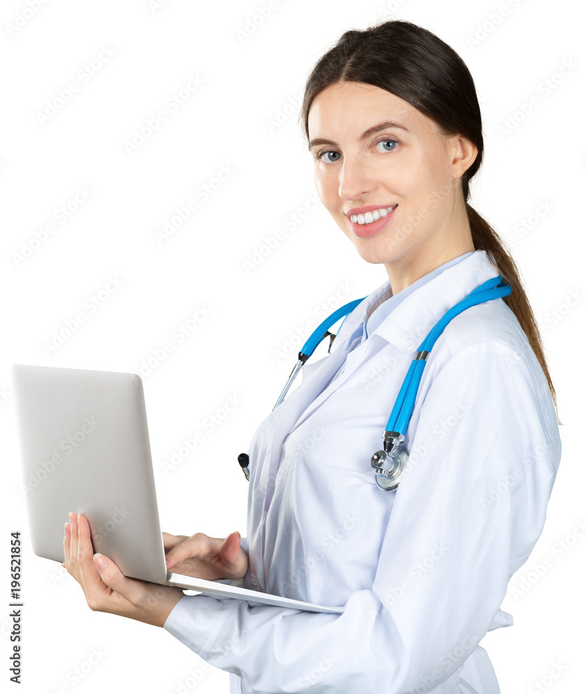 Female Doctor Holding Laptop. Isolated On White Female Doctor Holding Laptop. Isolated On White