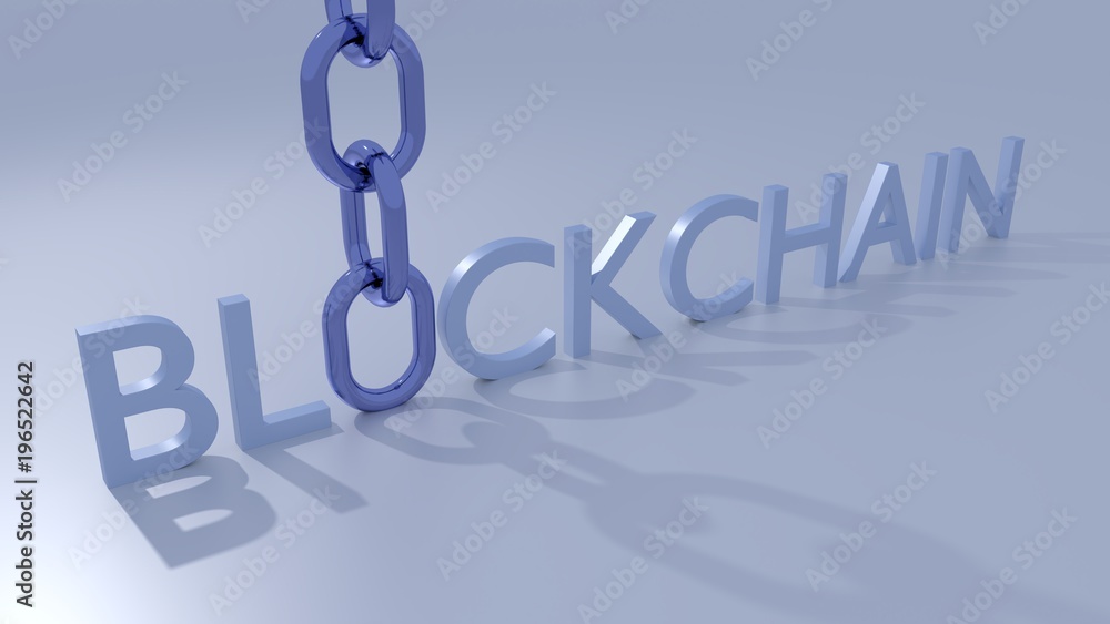 Naklejka premium The word blockchain on a shiny floor where the o is repaced by an element of the chain