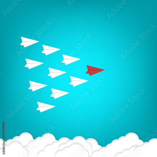 leadership concept with red and white plane on blue sky. New idea, change, trend, courage, creative solution, innovation and unique way concept. 