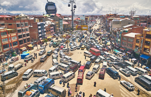 Elevated view of traffic in city, El Alto, La Paz, Bolivia, South America