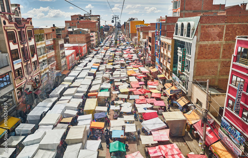 Elevated view of street market, El Alto, La Paz, Bolivia, South America photo