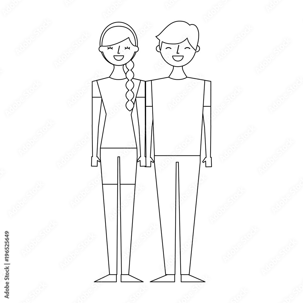 couple of young people characters vector illustration thin line couple of young people characters vector illustration thin line