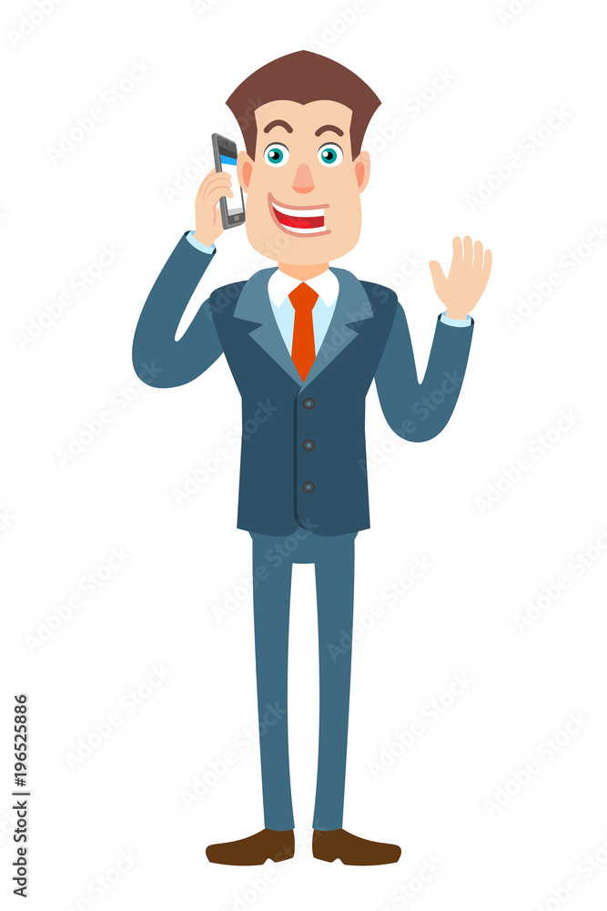 Businessman talking on mobile phone and raised a hand in greeting Businessman talking on mobile phone and raised a hand in greeting