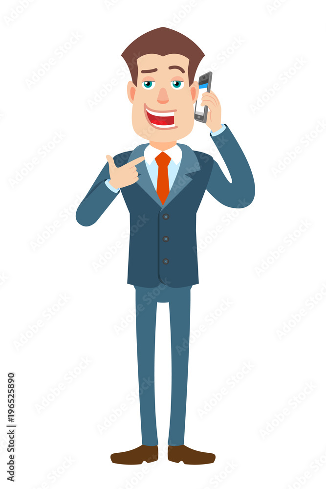 Businessman pointing his finger at the mobile phone that he talks Businessman pointing his finger at the mobile phone that he talks