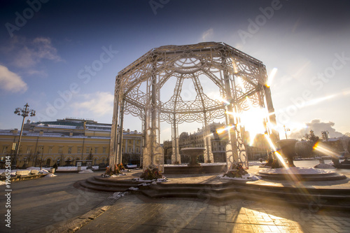 The Bolshoi Theatre, home of the Bolshoi Ballet is blanketed in snow, as the sun rises over Moscow, Russia.