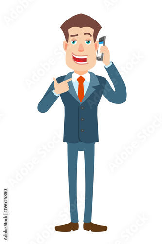 Businessman pointing his finger at the mobile phone that he talks
