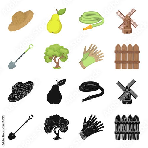 A shovel with a handle, a tree in the garden, gloves for working on a farm, a wooden fence. Farm and gardening set collection icons in black,cartoon style vector symbol stock illustration web.
