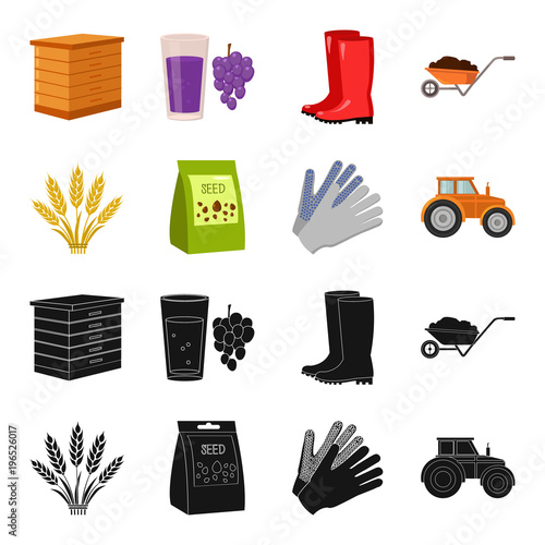 Spikelets of wheat, a packet of seeds, a tractor, gloves.Farm set collection icons in black,cartoon style vector symbol stock illustration web.