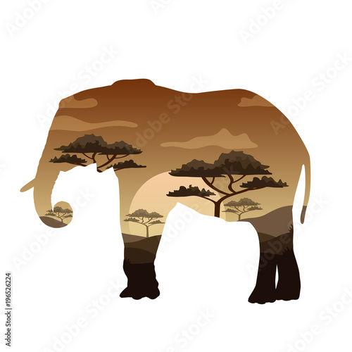 Vector Double exposure. Bear, elephant, camel and Leopard, wildlife concept