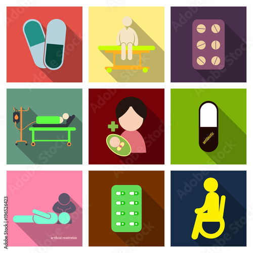 Medicine, pharmacy, hospital set of drugs with labels. Medication, pharmaceutics concept. Vector illustration