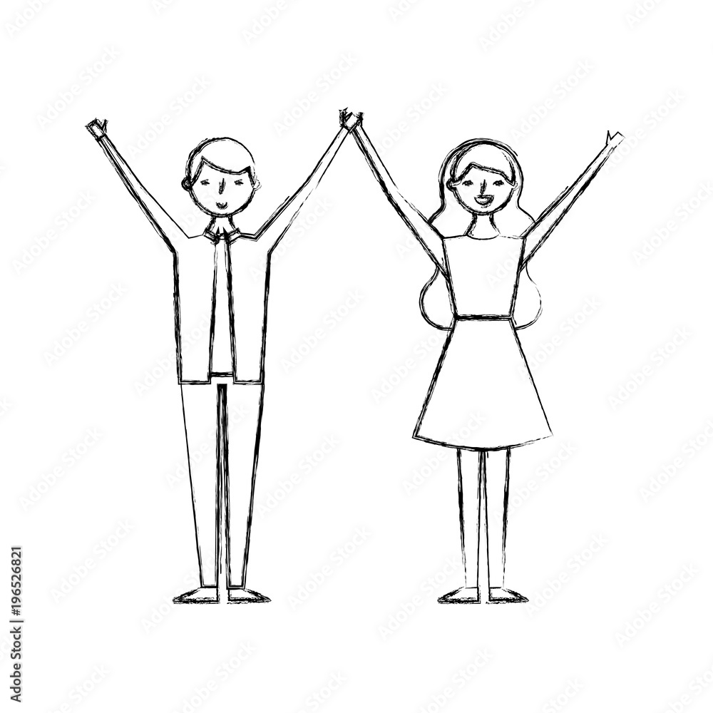 couple of young raised arms people characters vector illustration sketch design couple of young raised arms people characters vector illustration sketch design