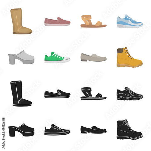 Flip-flops, clogs on a high platform and heel, green sneakers with laces, female gray ballet flats, red shoes on the tractor sole. Shoes set collection icons in black,cartoon style vector symbol stock