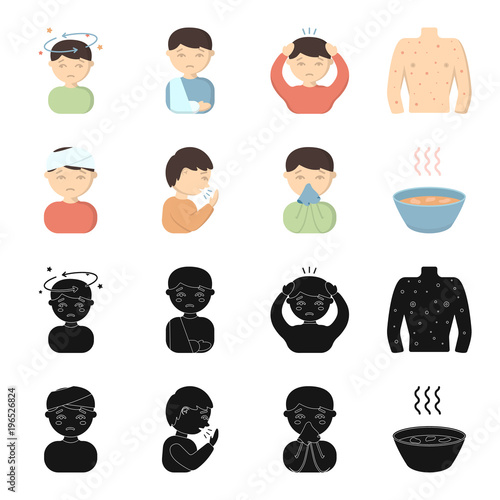 A man with a bandaged head, a man coughing, a man snorts a snot, a bowl, a bowl of hot broth into a handkerchief. Sick set collection icons in black,cartoon style vector symbol stock illustration web.