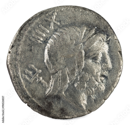 Roman Republic Coin. Ancient Roman silver denarius of the family Lucretia. Obverse. photo
