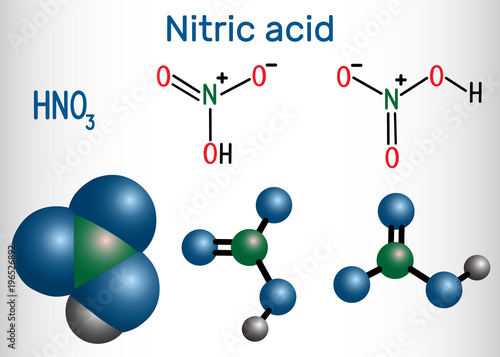 Nitric acid (HNO3) molecule .  It is a highly corrosive mineral acid. Structural chemical formula and molecule model