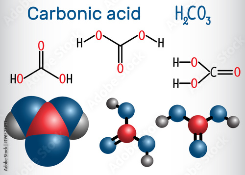 Carbonic acid (H2CO3) molecule .  It is also solution of carbon dioxide in water (carbonated water). Structural chemical formula and molecule model