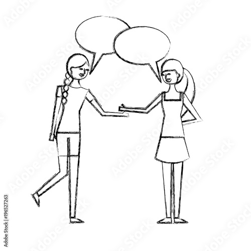 people character friends women speech bubble talking vector illustration sketch design