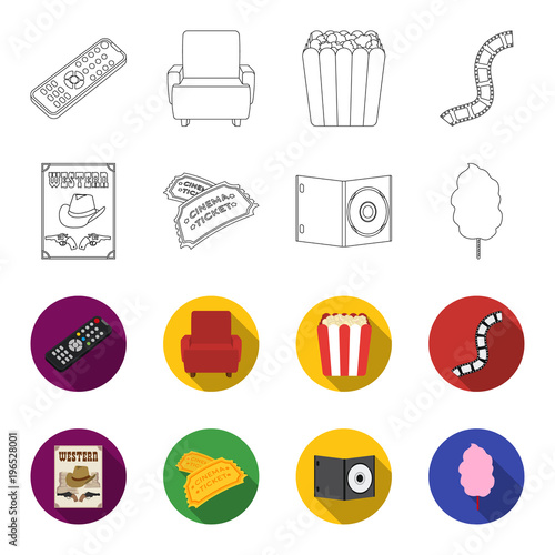 Western cinema, tickets, sweet cotton wool, film on DVD.Filmy and cinema set collection icons in outline,flet style vector symbol stock illustration web.