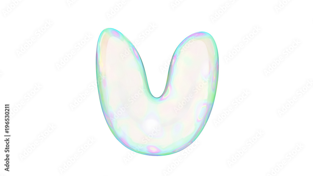 Underwater or soap bubbles with rainbow reflection  in the shape of letter U in on white background. 3d render typography.