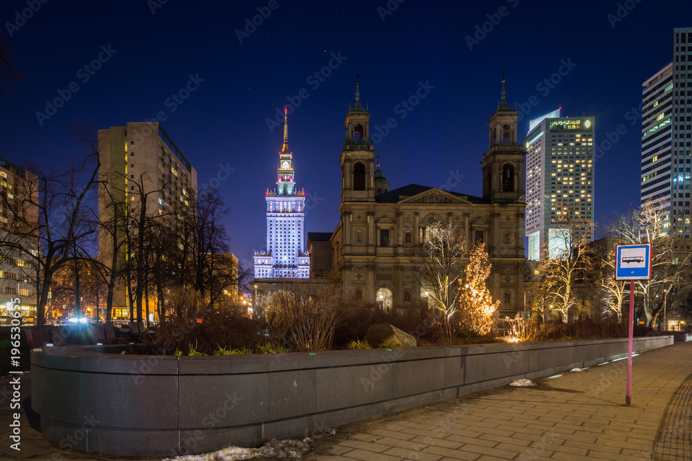 Fototapeta premium Grzybowski square at night in Warsaw, Poland
