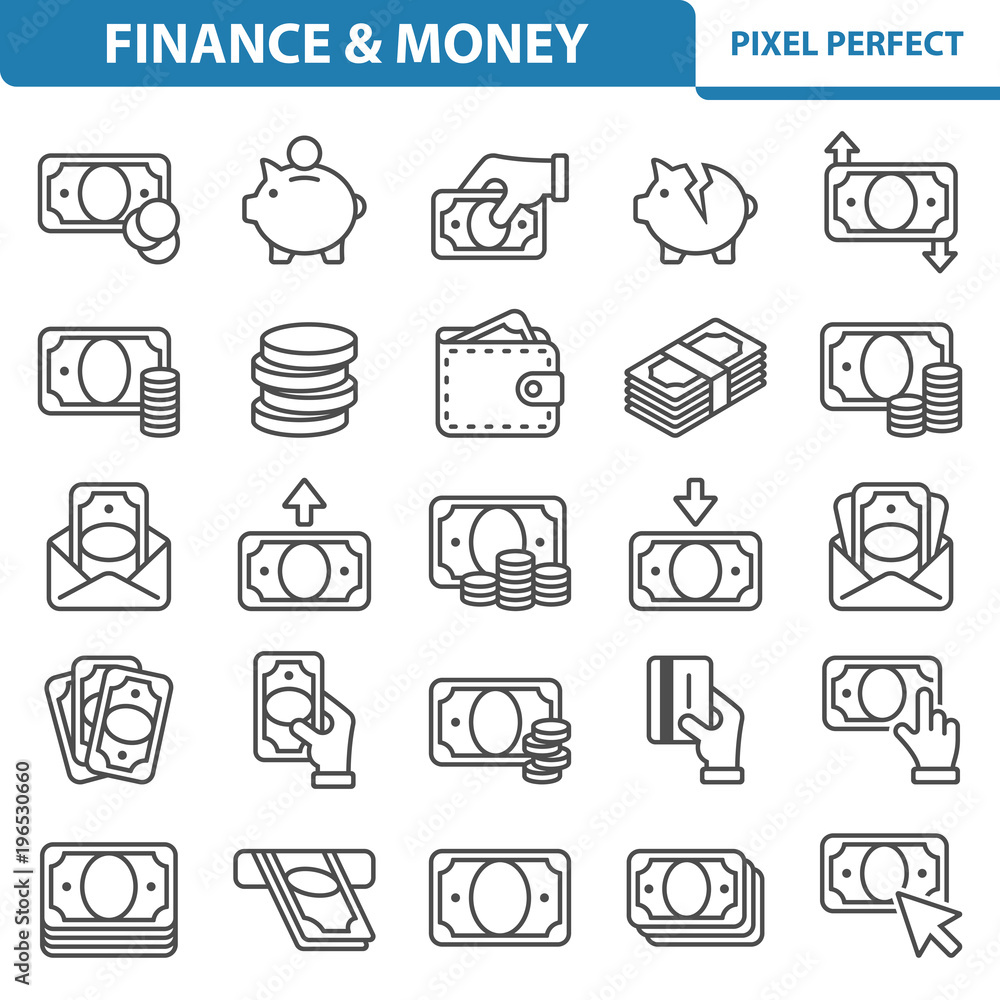 Finance and Money Icons. Professional, pixel perfect icons depicting various finance, money and currency concepts. EPS 8 format. Finance and Money Icons. Professional, pixel perfect icons depicting various finance, money and currency concepts. EPS 8 format.