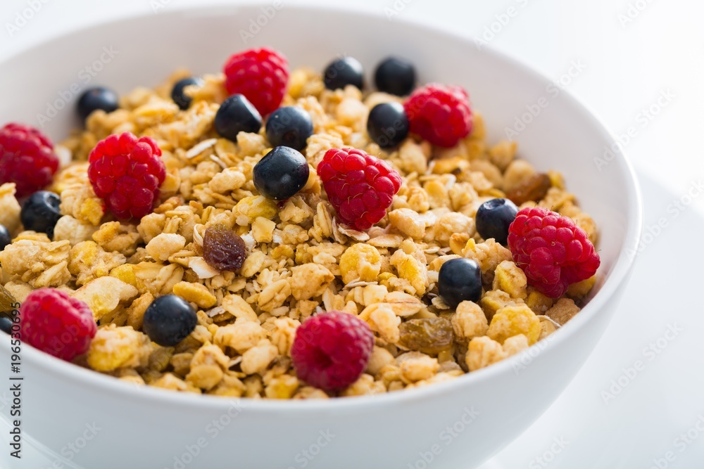 Bowl of Granola, Blueberries and Raspberries Bowl of Granola, Blueberries and Raspberries