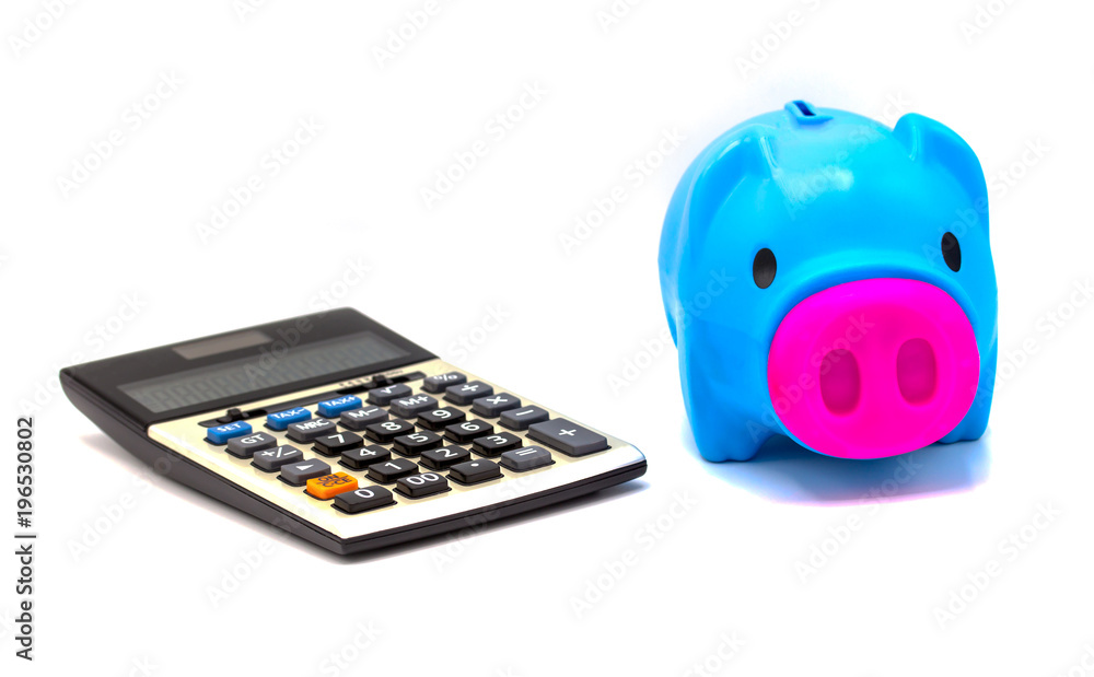 Calculator with piggy bank on white background Calculator with piggy bank on white background