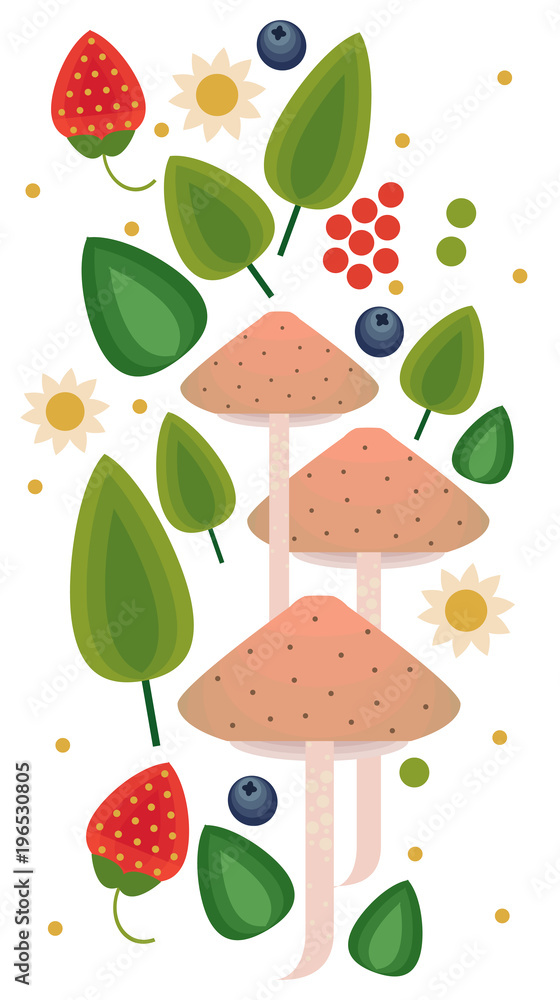 Vector flat style vector forest mushrooms and forest element. Ornamental, traditional with forest berries and mushroom, strawberries, deep, blueberries, mountain ash, cranberries, leaf, nuts, dot. Vector flat style vector forest mushrooms and forest element. Ornamental, traditional with forest berries and mushroom, strawberries, deep, blueberries, mountain ash, cranberries, leaf, nuts, dot.