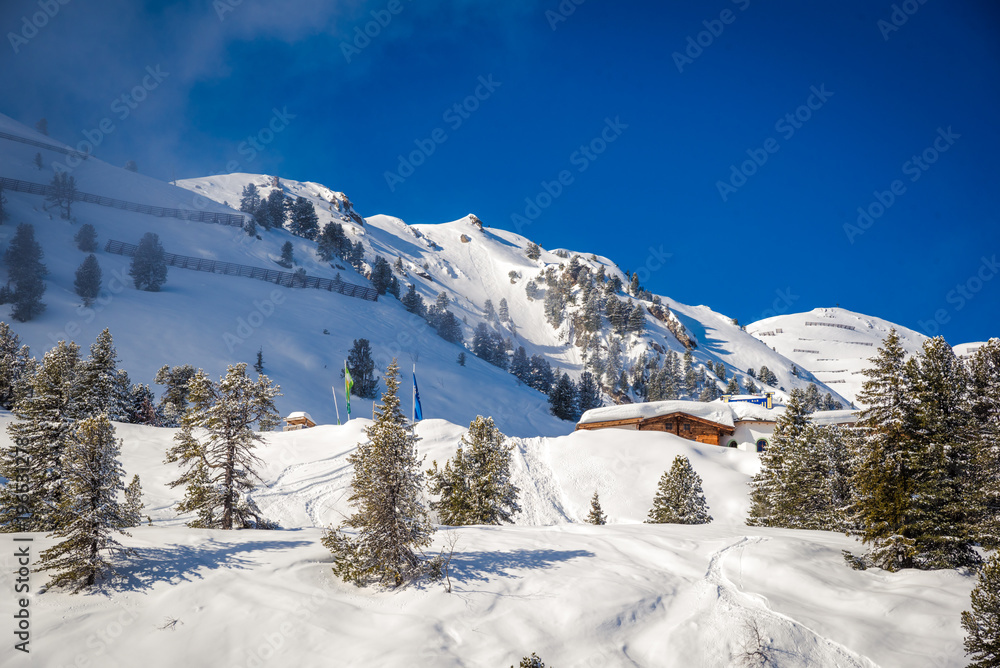 Alpine hut in the snow. Winter ski resort in Austria - Hochzillertal