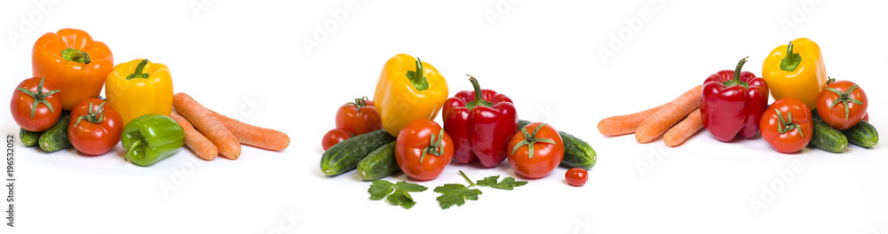 Red yellow and orange peppers with tomatoes on a white background. Cucumbers with colorful peppers in composition on a white background. Panoramic photo with vegetables on a white background.. Red yellow and orange peppers with tomatoes on a white background. Cucumbers with colorful peppers in composition on a white background. Panoramic photo with vegetables on a white background..