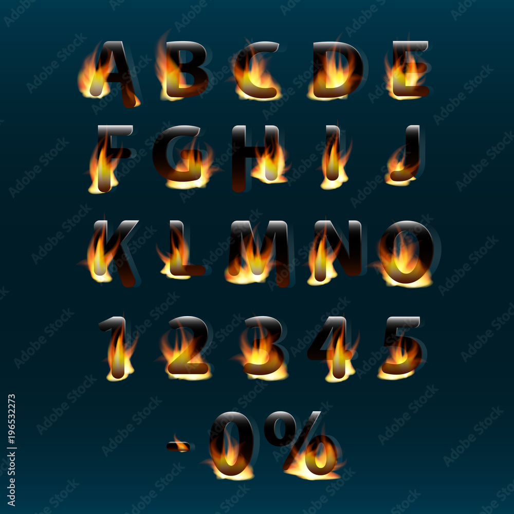 Hot letters and numbers on fire. Alphabet.Fire burning vector font. Part 1 Hot letters and numbers on fire. Alphabet.Fire burning vector font. Part 1