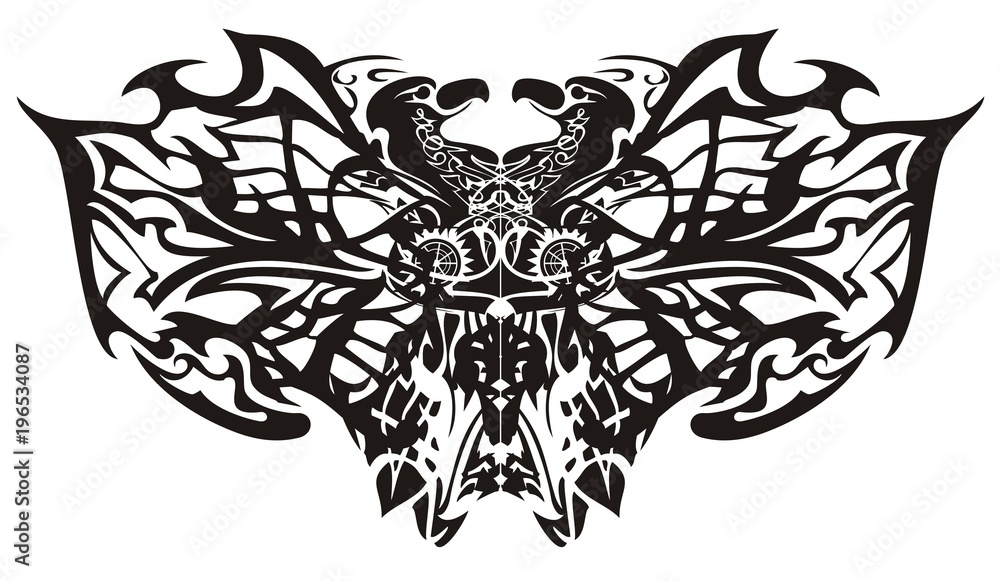 Stylized fantastic tribal butterfly wings. Creative ethnic butterfly formed by the eagle heads and linear patterns on a white background. Coloring page for adults