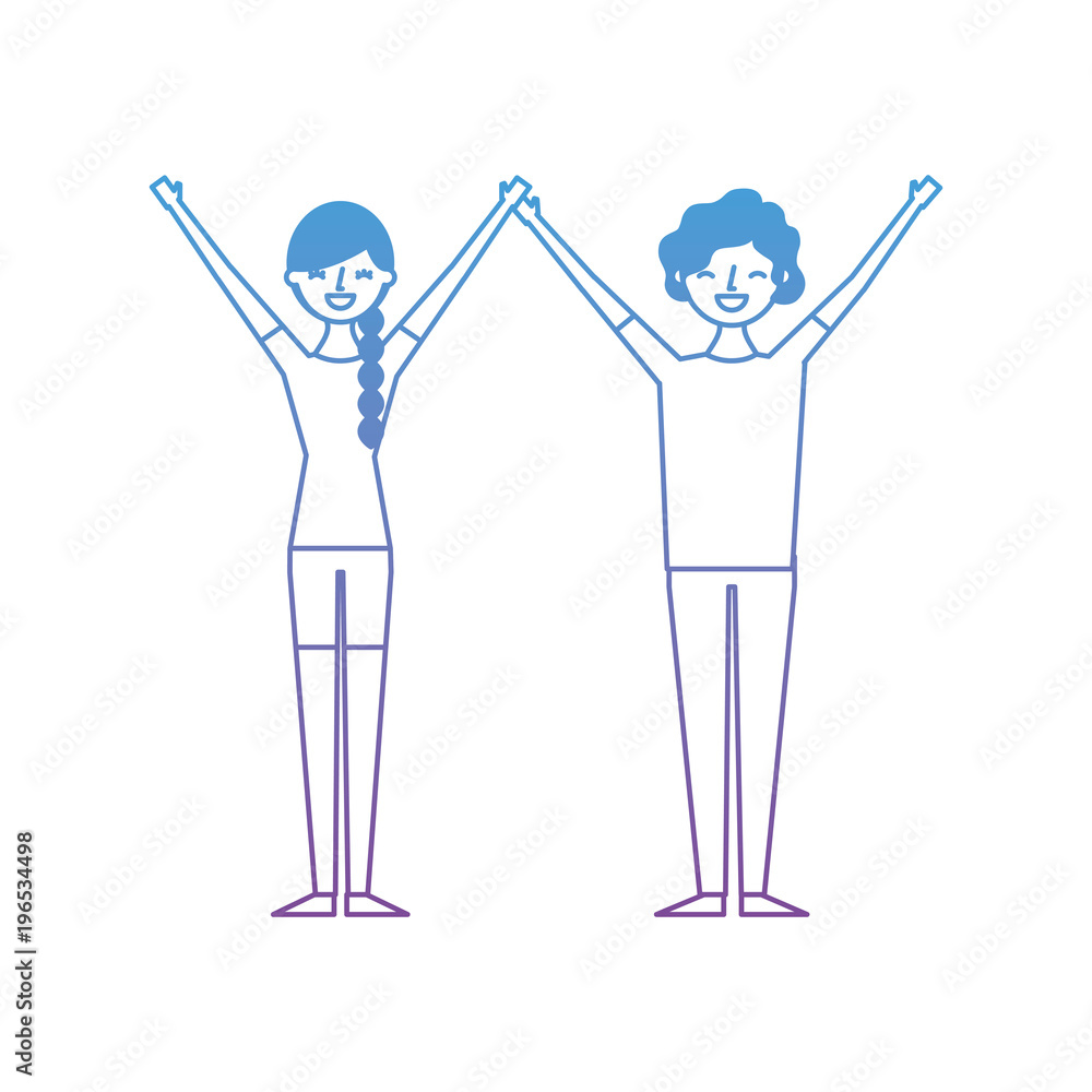 couple of young raised arms people characters vector illustration degrade color design couple of young raised arms people characters vector illustration degrade color design