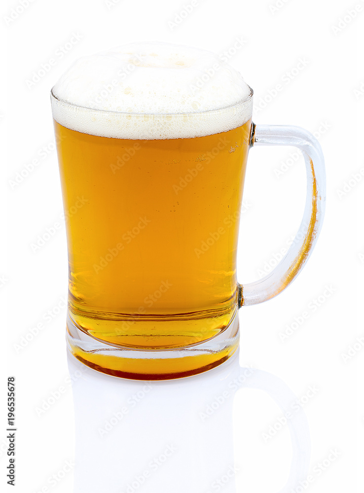 Mug of beer with foam isolated on white background with shadow reflection. Half a liter of beer in glass on white backdrop. Ale in bock. A pint of beer. Mug of beer with foam isolated on white background with shadow reflection. Half a liter of beer in glass on white backdrop. Ale in bock. A pint of beer.