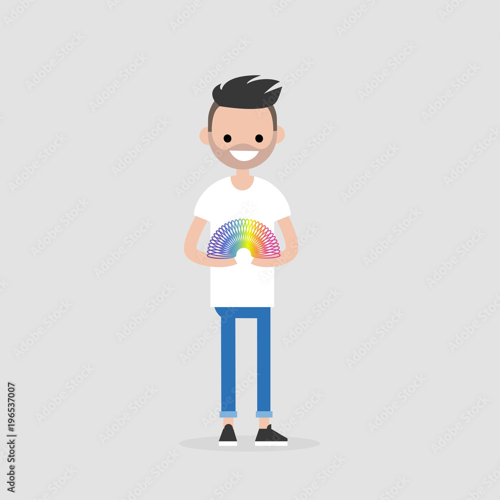 Young character playing with a rainbow spring toy / flat editable vector illustration, clip art