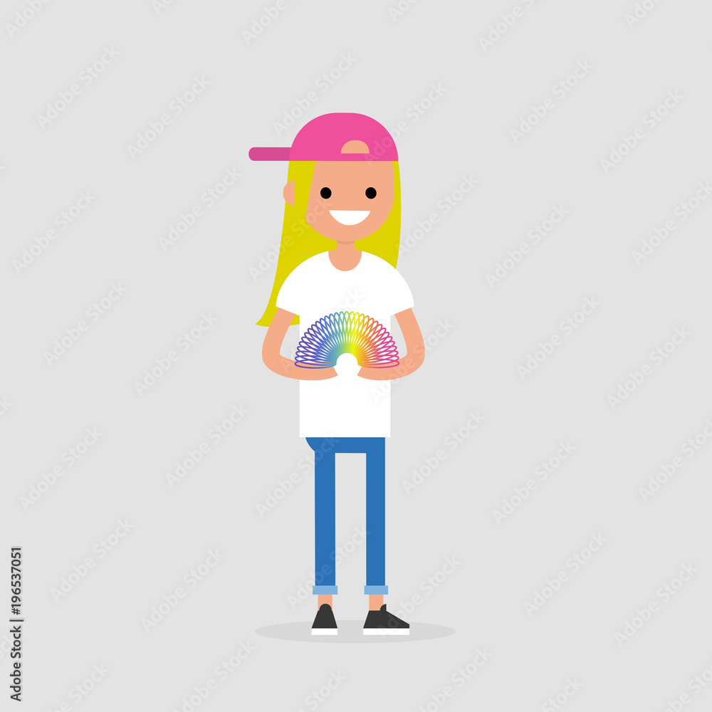 Young female character playing with a rainbow spring toy / flat editable vector illustration, clip art