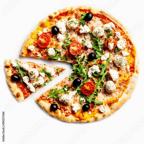 Pizza with tomatoes, meat, mozzarella cheese, black olives and herbs. 