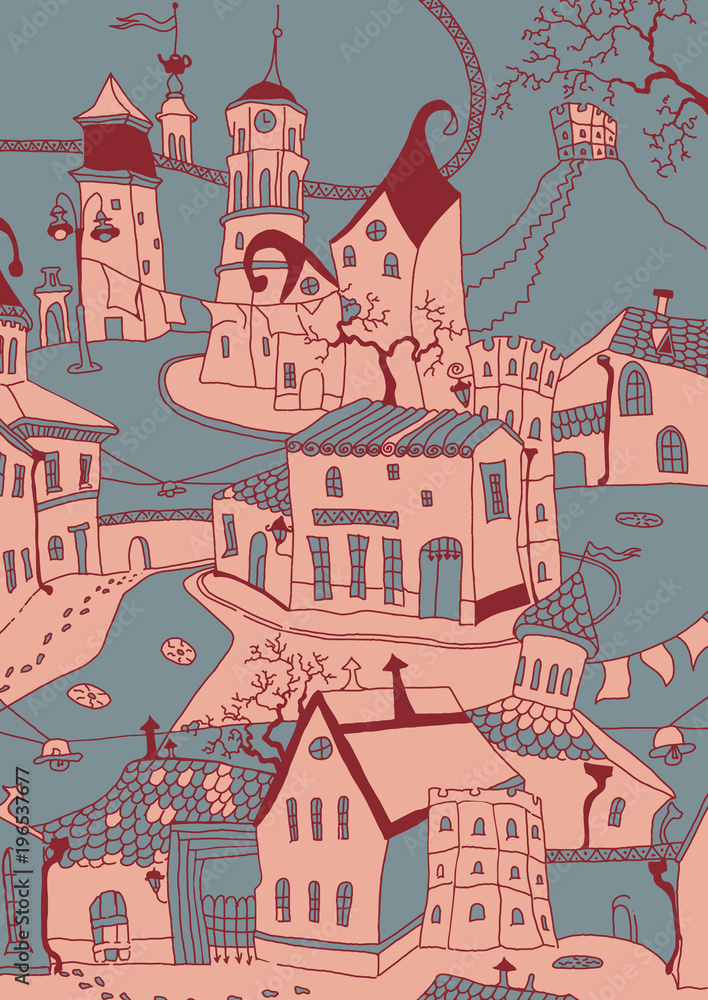 vector sketch of europe houses and churches