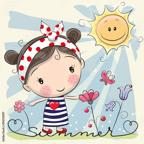 Cartoon Girl on the meadow with flowers