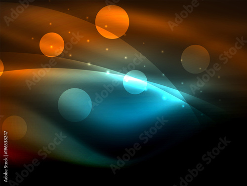 Neon wave background with light effects, curvy lines with glittering and shiny dots, glowing colors in darkness, magic energy