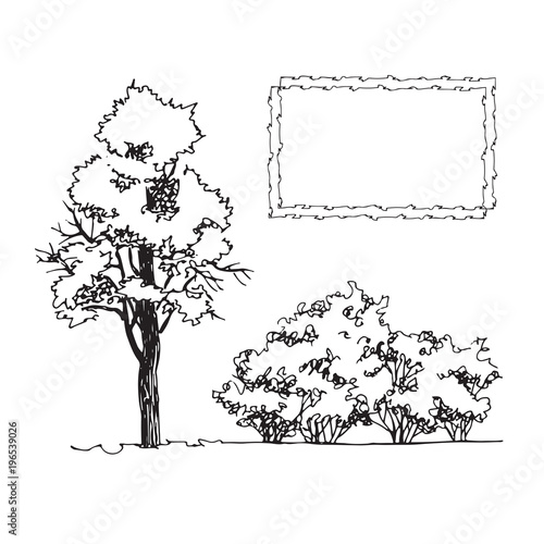 Set of hand drawn architect tree and bushes,tree silhouette 