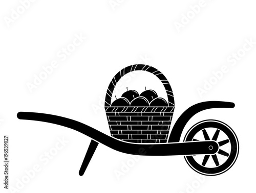 wheel barrow and basket of apples