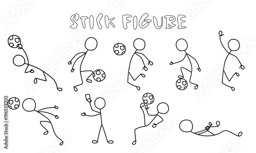 Set stick figure of football players. Simple sportsman black pictogram in action