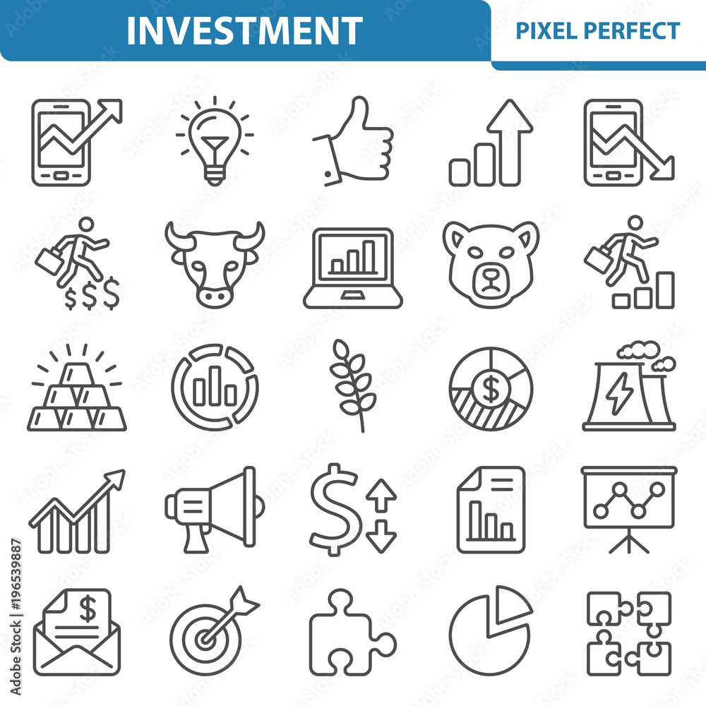 Investment Icons. Professional, pixel perfect icons depicting various investment and business concepts. EPS 8 format. Investment Icons. Professional, pixel perfect icons depicting various investment and business concepts. EPS 8 format.