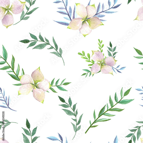 Floral seamless watercolor pattern. Hand drawn pinkish flowers and branches in white background.
